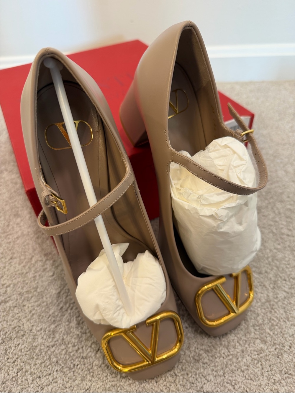 Valentino Garavani Beige Mary Jane Block Heel with Gold V Logo